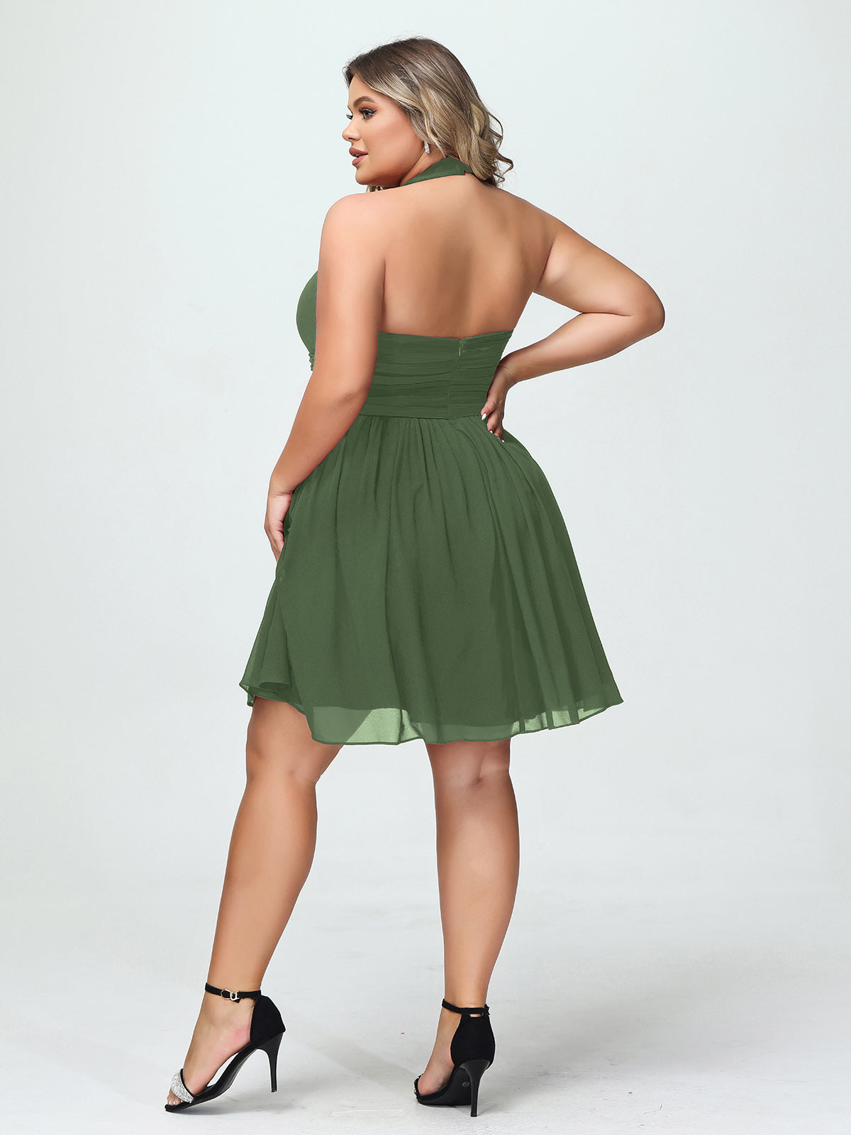 Natividad Cabestro Escote En V Gasa Corto Vestidos De Dama De Honor Verde Oliva Tallas Grandes