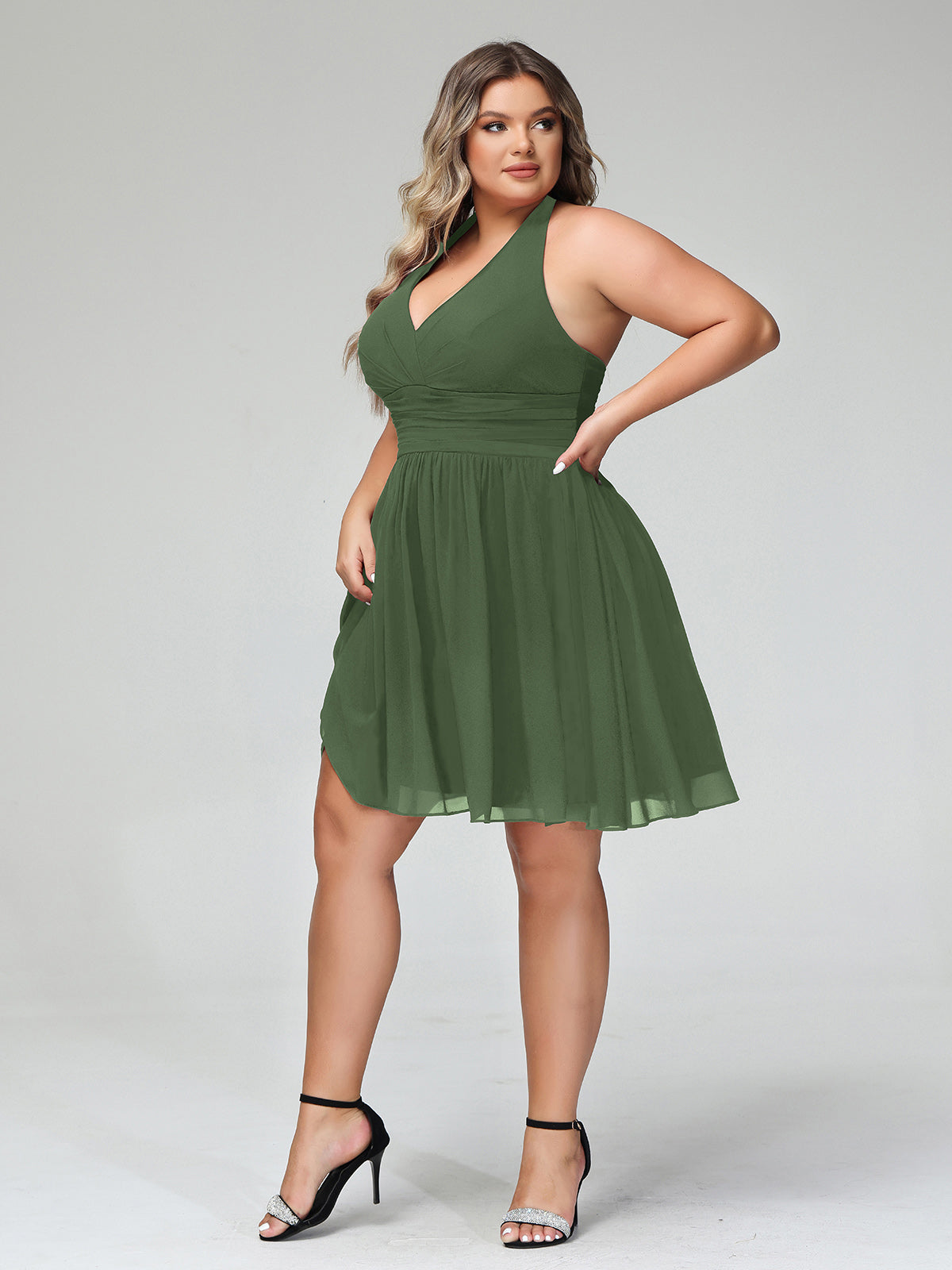 Natividad Cabestro Escote En V Gasa Corto Vestidos De Dama De Honor Verde Oliva Tallas Grandes