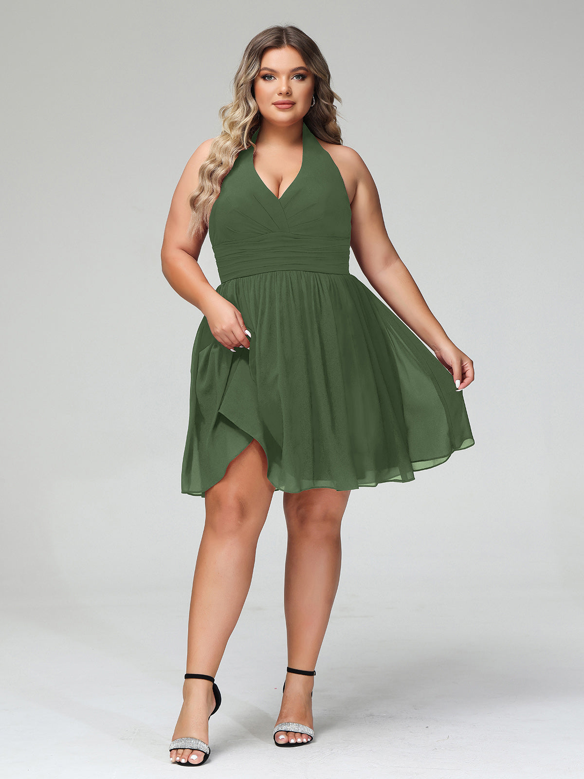 Natividad Cabestro Escote En V Gasa Corto Vestidos De Dama De Honor Verde Oliva Tallas Grandes
