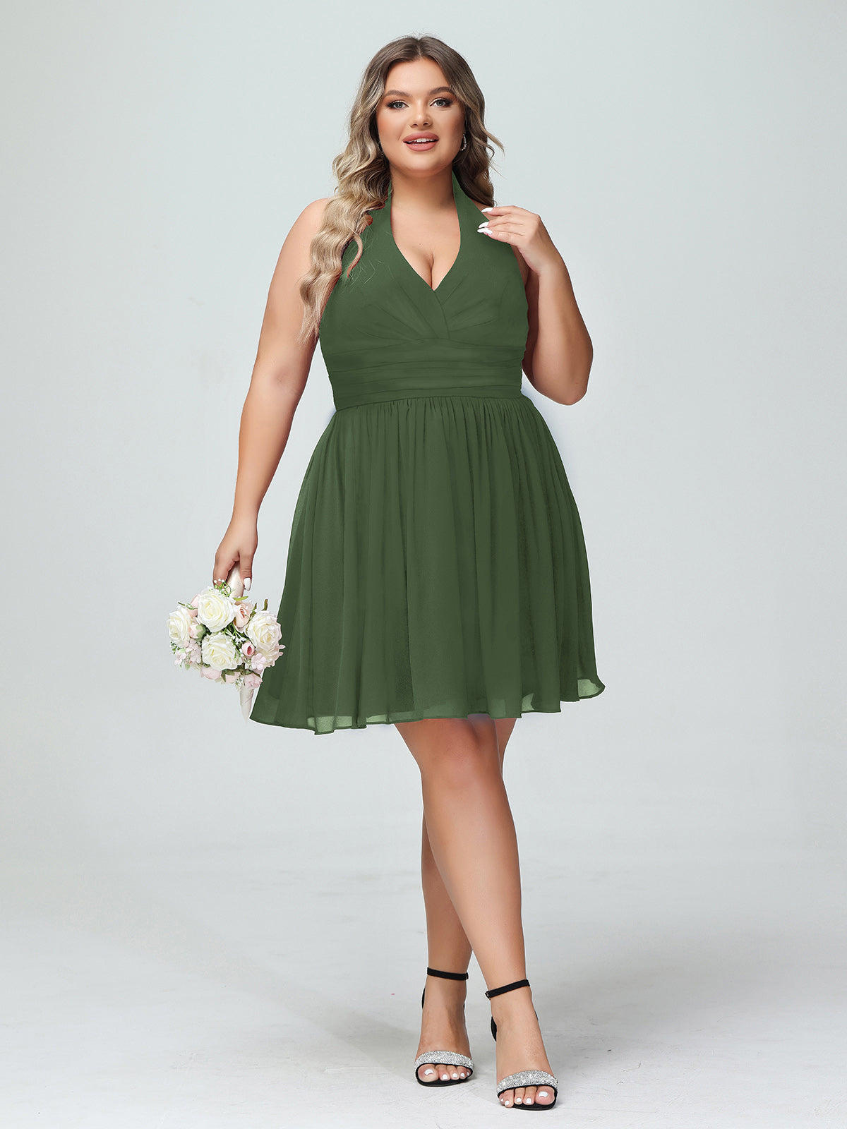 Natividad Cabestro Escote En V Gasa Corto Vestidos De Dama De Honor Verde Oliva Tallas Grandes