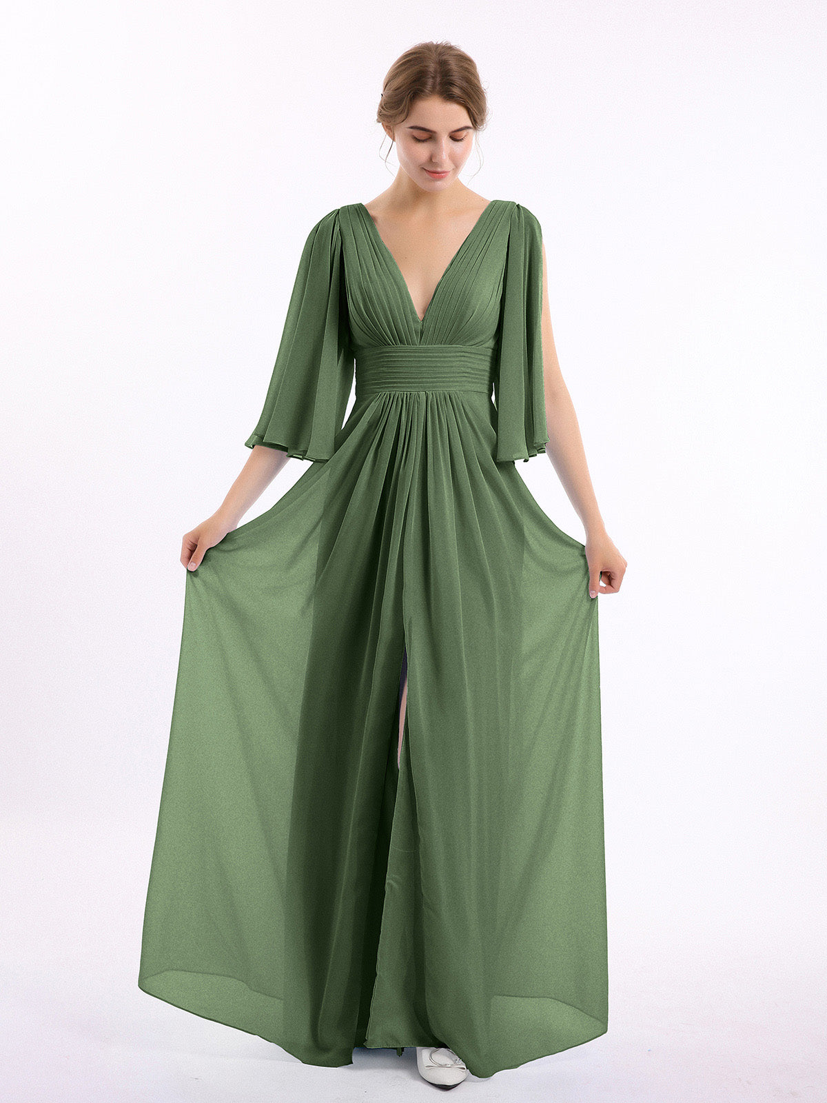 Vestidos de chiffon con escote en V profundo y abertura Verde Oliva