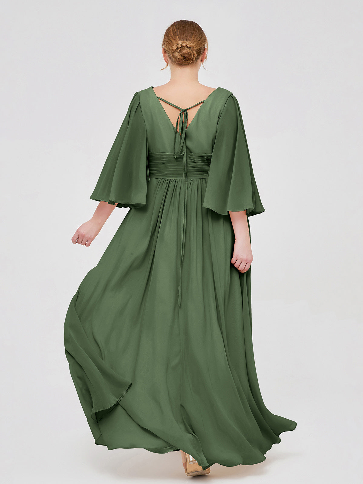 Vestidos de chiffon con escote en V profundo y abertura Verde Oliva Tallas Grandes