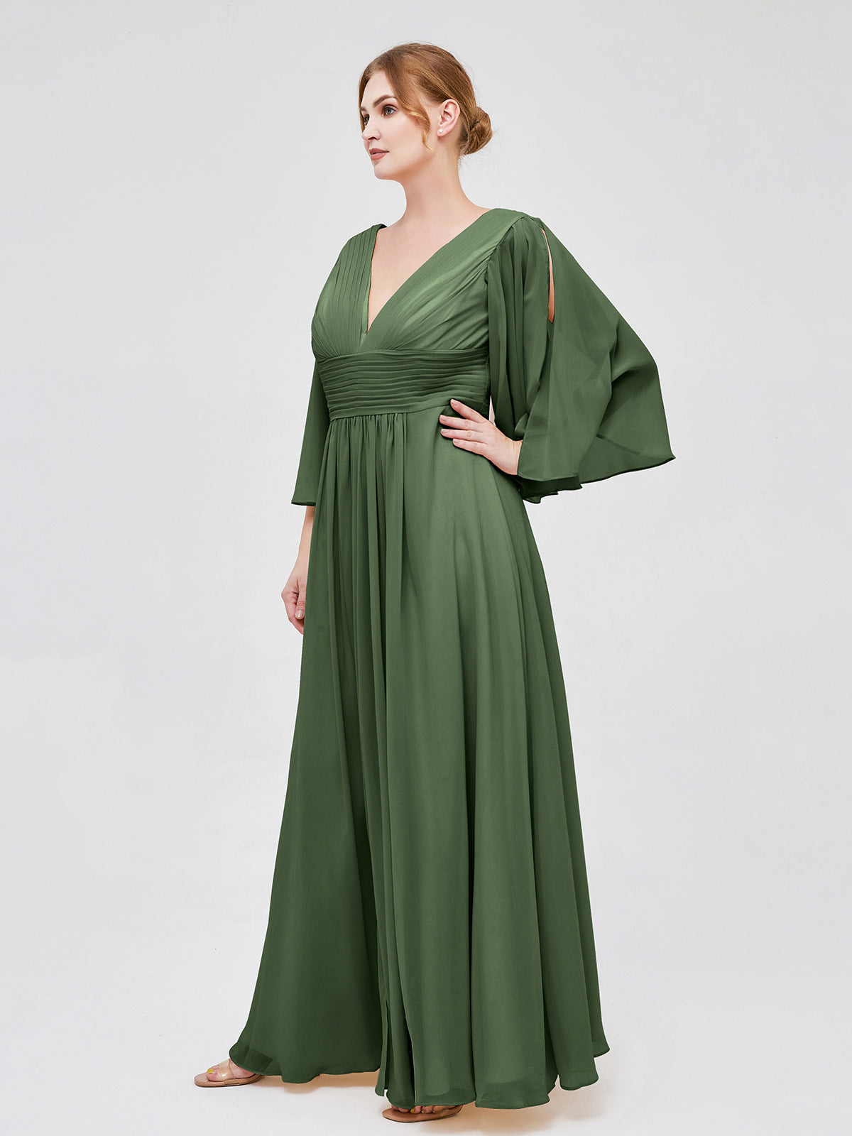 Vestidos de chiffon con escote en V profundo y abertura Verde Oliva Tallas Grandes