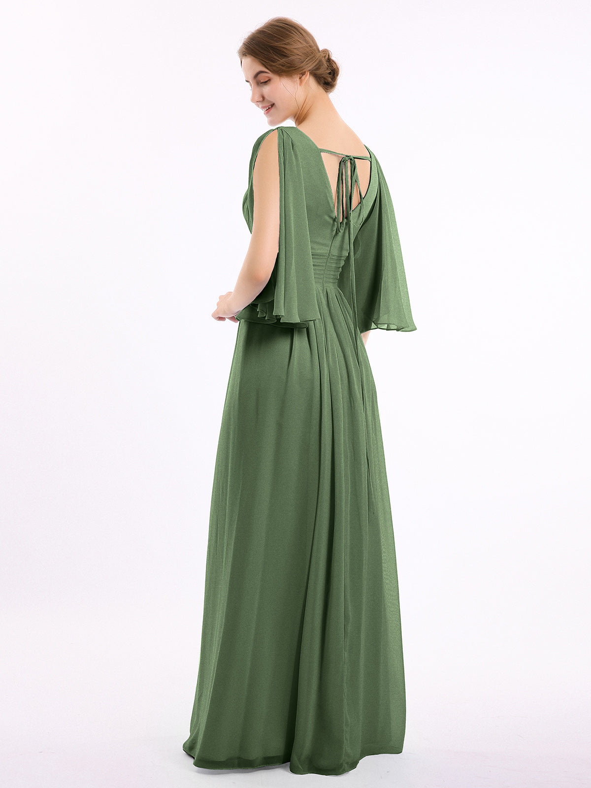 Vestidos de chiffon con escote en V profundo y abertura Verde Oliva