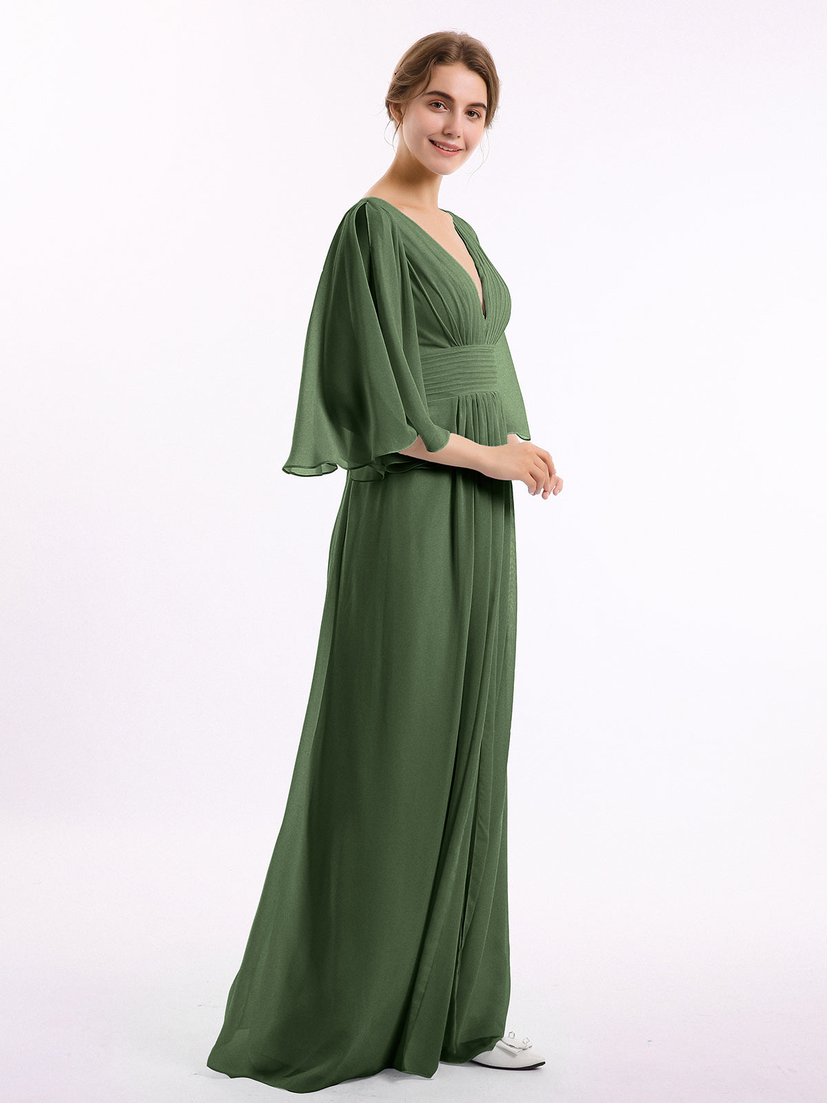 Vestidos de chiffon con escote en V profundo y abertura Verde Oliva