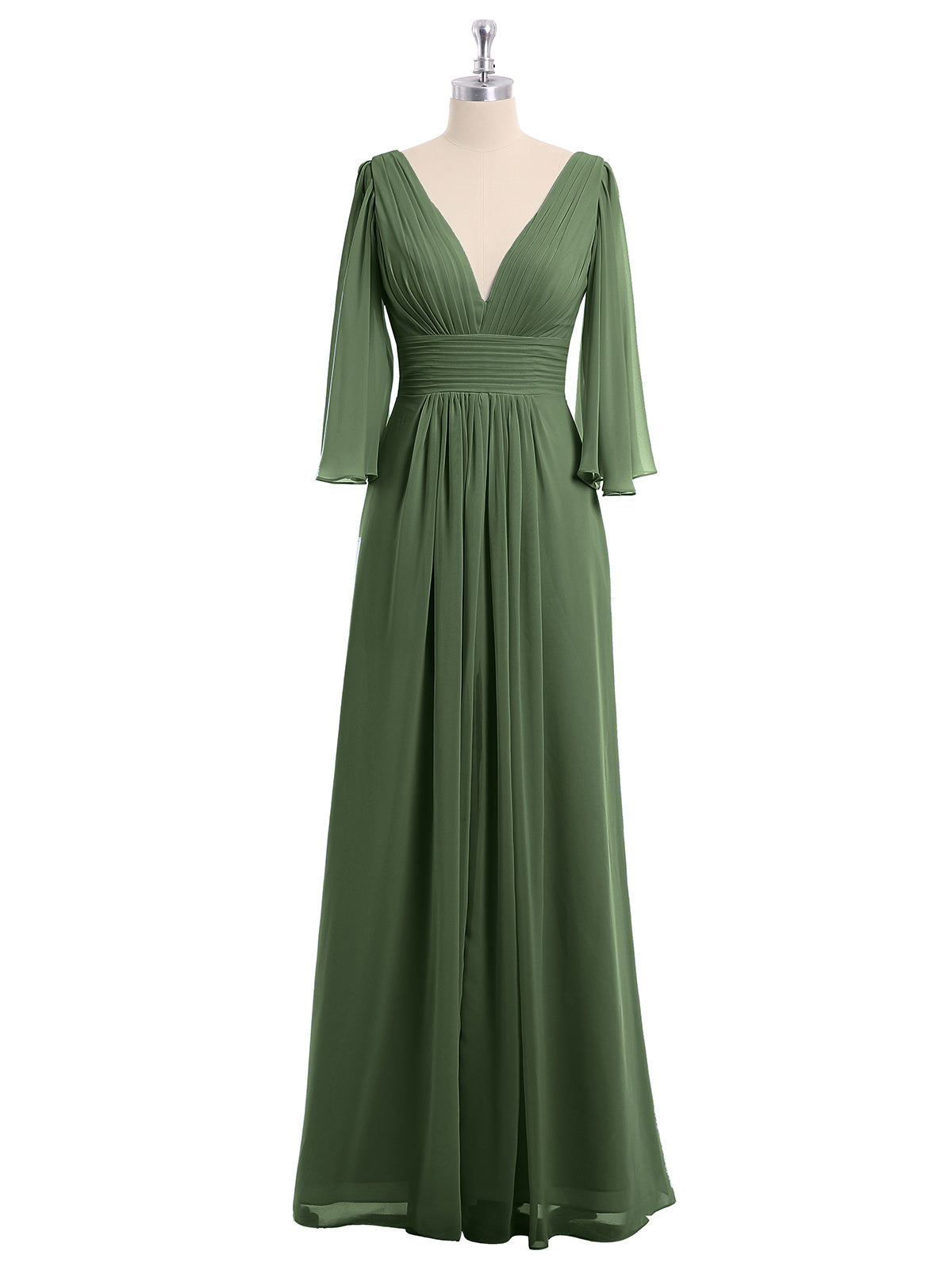 Vestidos de chiffon con escote en V profundo y abertura Verde Oliva Tallas Grandes