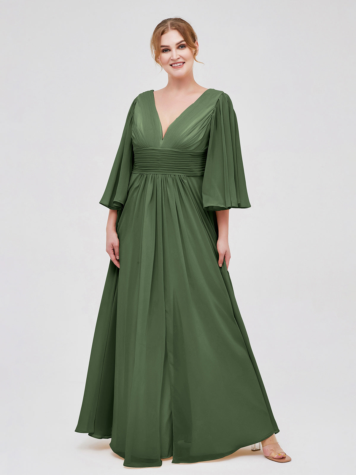 Vestidos de chiffon con escote en V profundo y abertura Verde Oliva Tallas Grandes