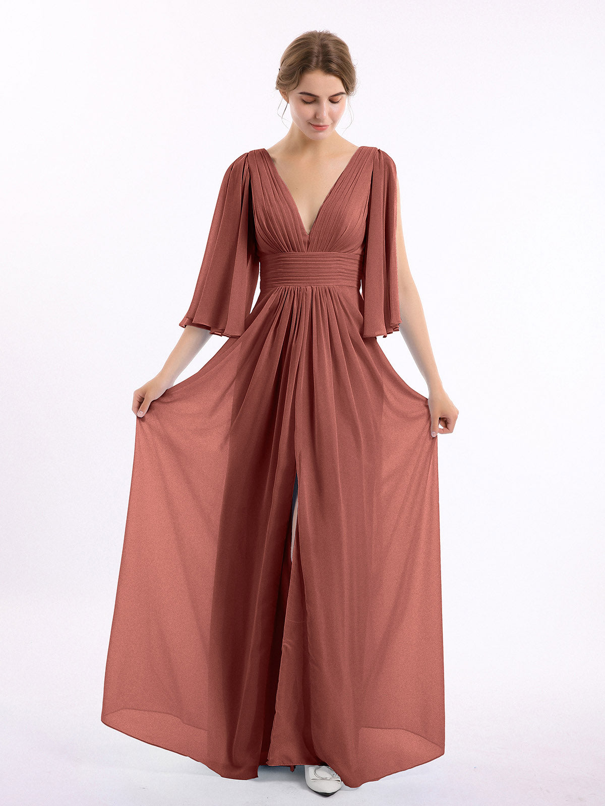Vestidos de chiffon con escote en V profundo y abertura Terracota