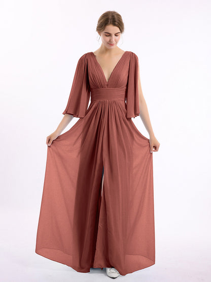 Vestidos de chiffon con escote en V profundo y abertura Terracota