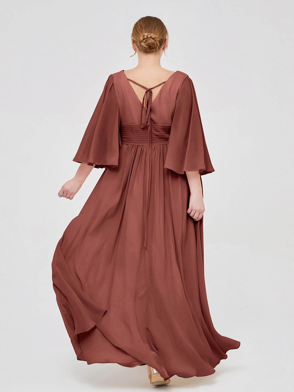 Vestidos de chiffon con escote en V profundo y abertura Terracota Tallas Grandes