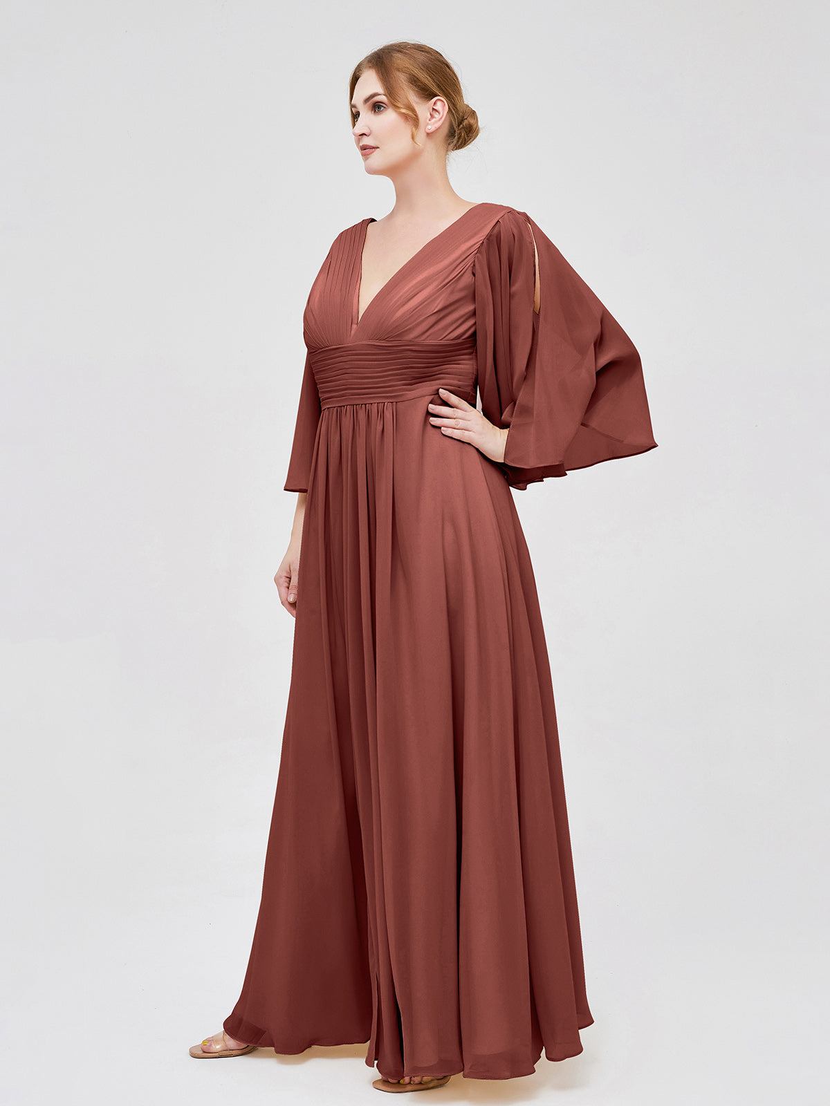 Vestidos de chiffon con escote en V profundo y abertura Terracota Tallas Grandes