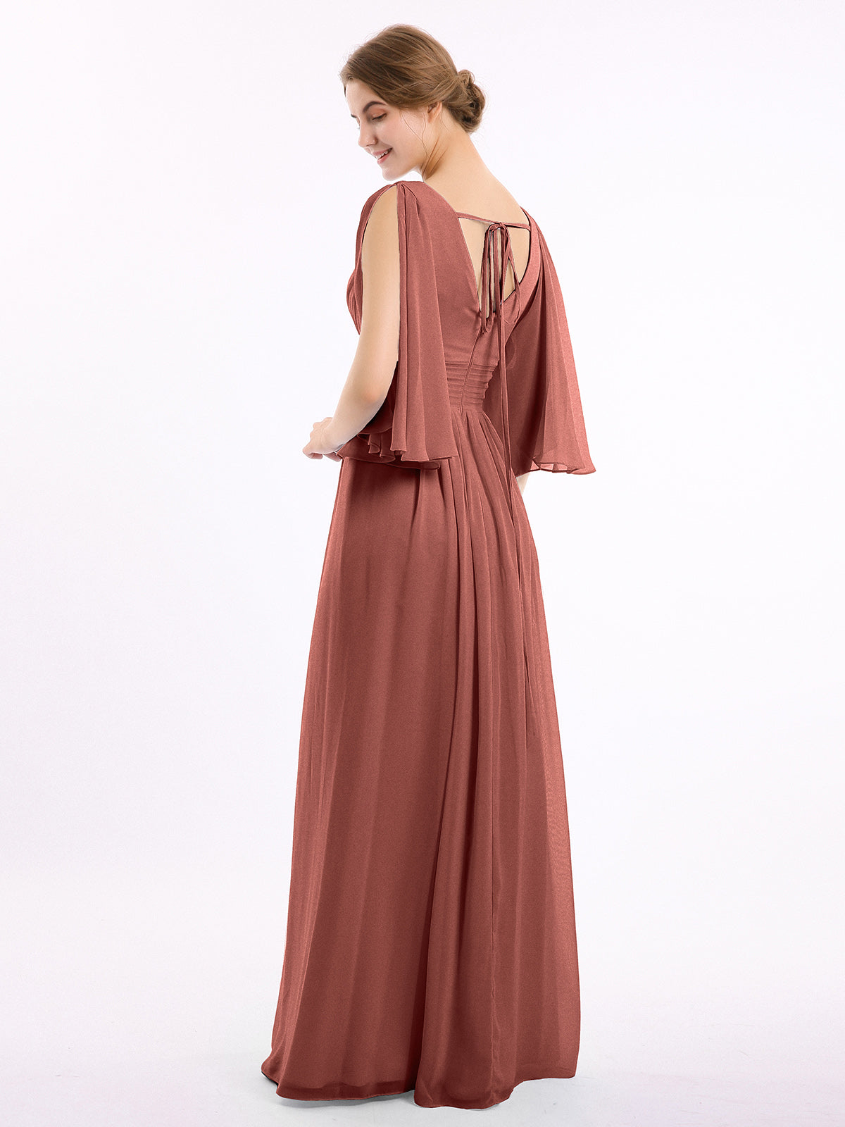 Vestidos de chiffon con escote en V profundo y abertura Terracota