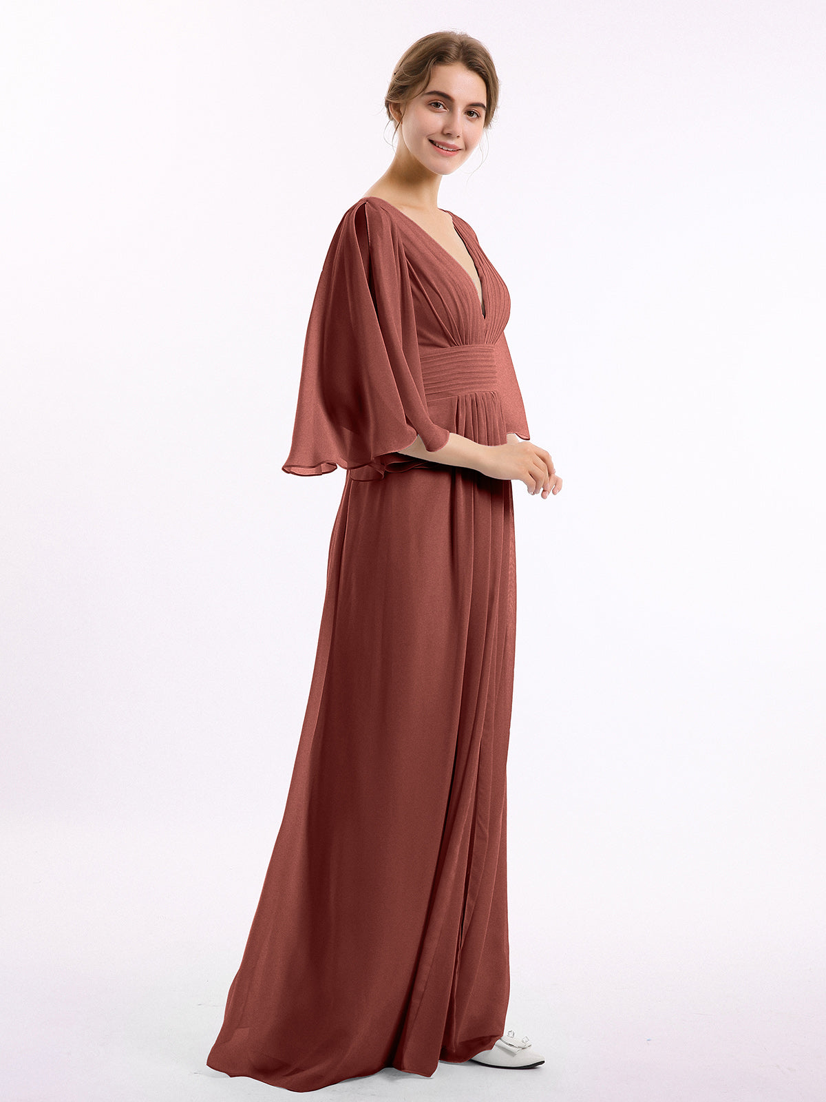 Vestidos de chiffon con escote en V profundo y abertura Terracota
