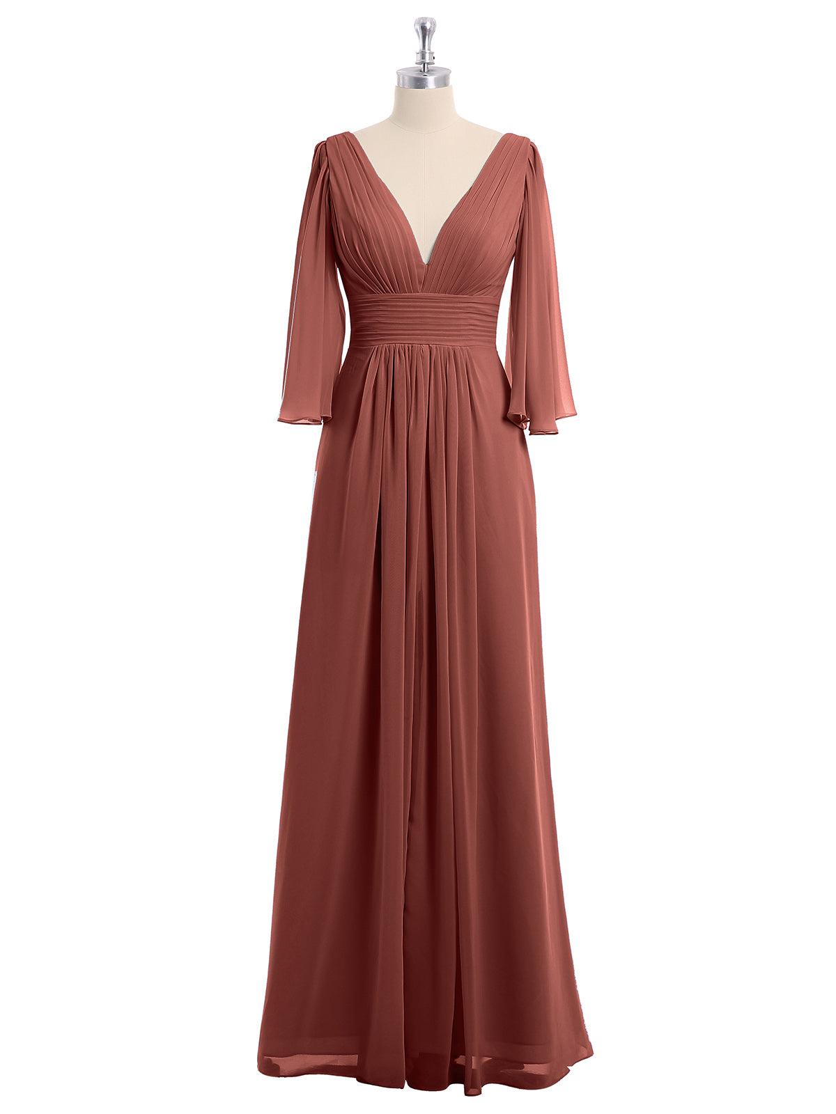 Vestidos de chiffon con escote en V profundo y abertura Terracota