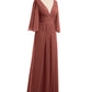 Vestidos de chiffon con escote en V profundo y abertura Terracota Tallas Grandes