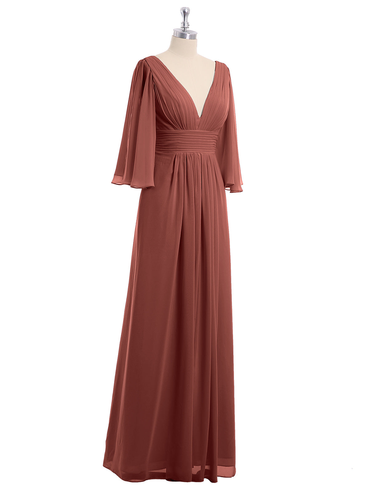 Vestidos de chiffon con escote en V profundo y abertura Terracota Tallas Grandes
