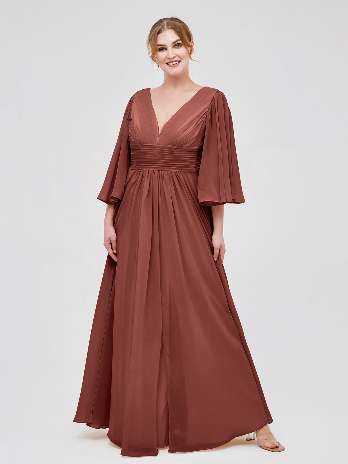 Vestidos de chiffon con escote en V profundo y abertura Terracota Tallas Grandes