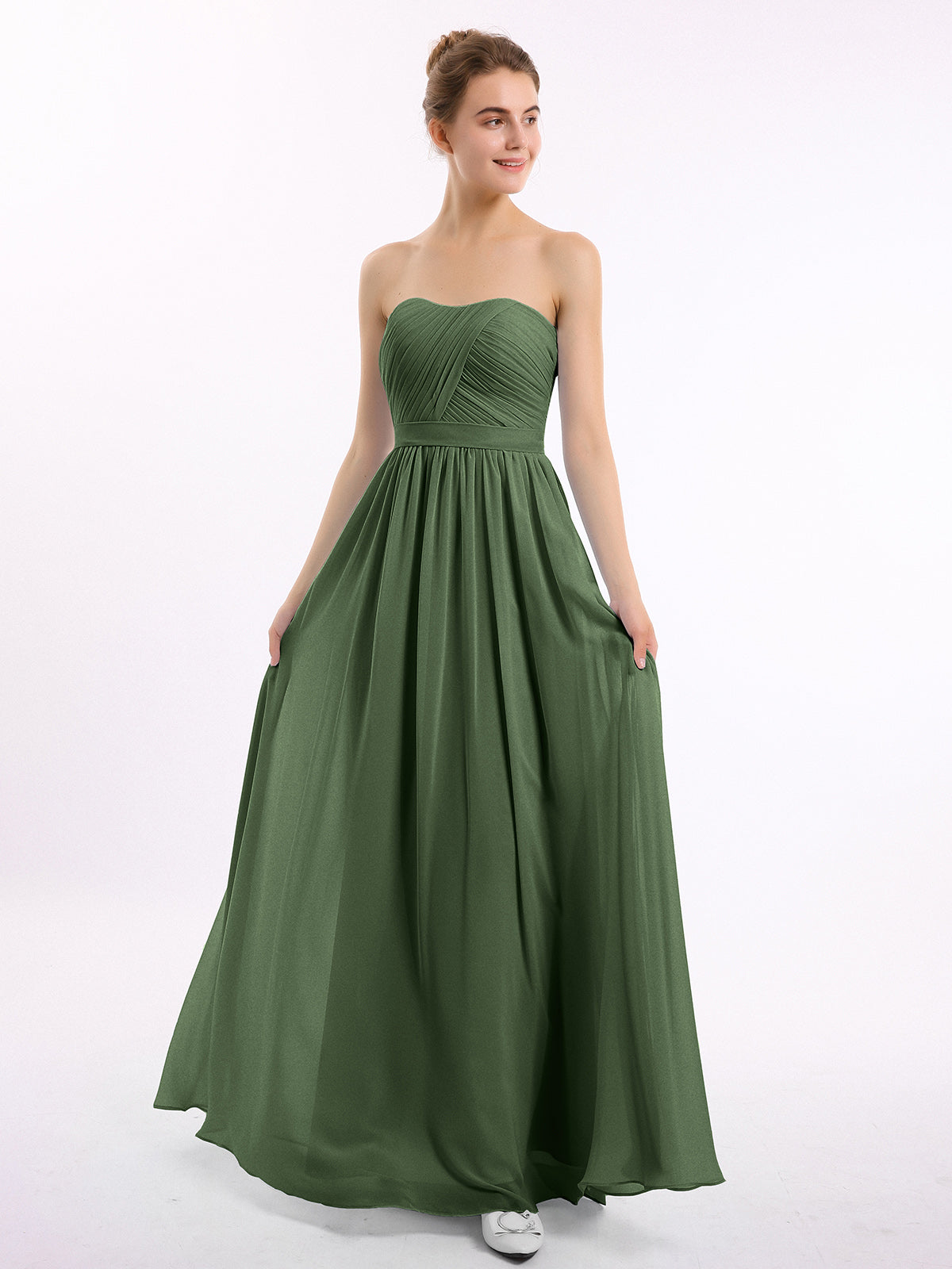 Vestidos largos de dama de honor de chiffon sin tirantes Verde Oliva