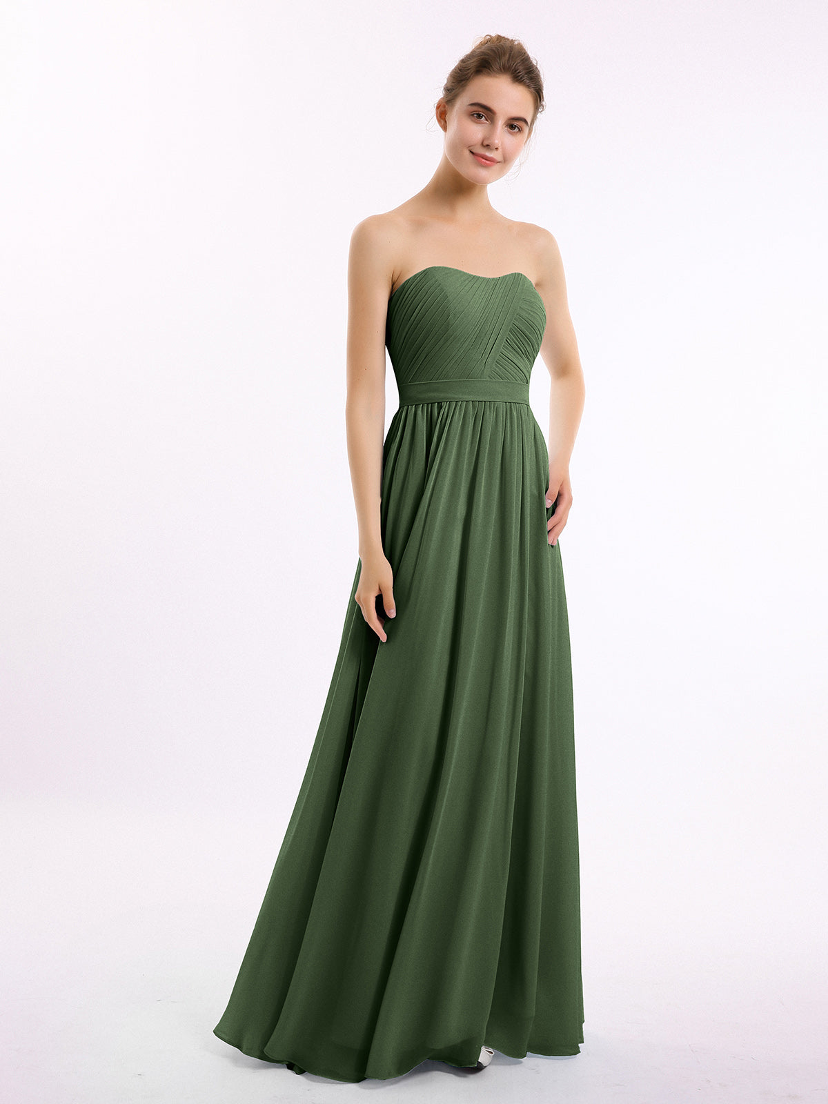 Vestidos largos de dama de honor de chiffon sin tirantes Verde Oliva