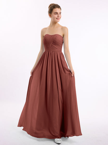 Vestidos largos de dama de honor de chiffon sin tirantes Terracota