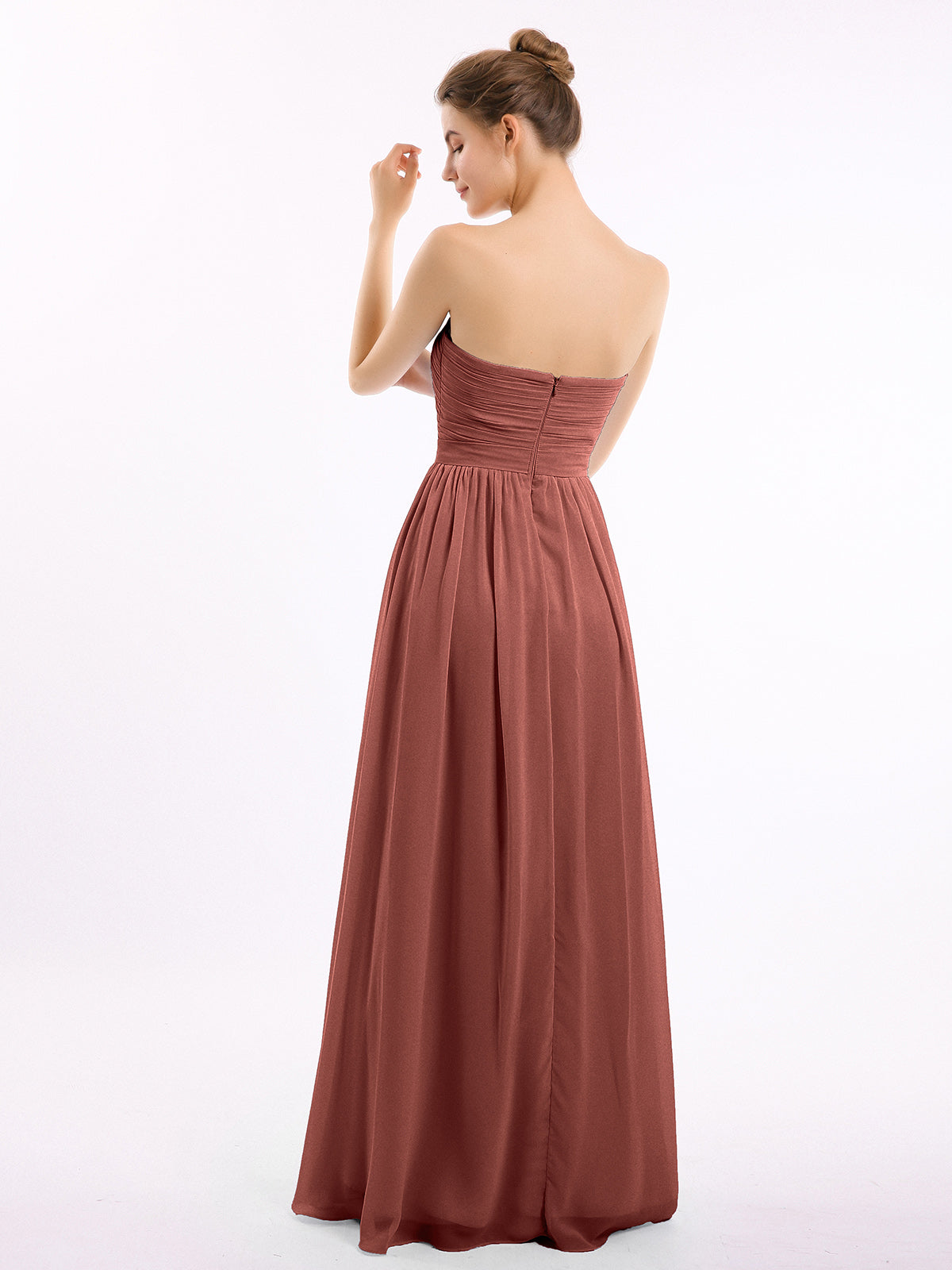 Vestidos largos de dama de honor de chiffon sin tirantes Terracota