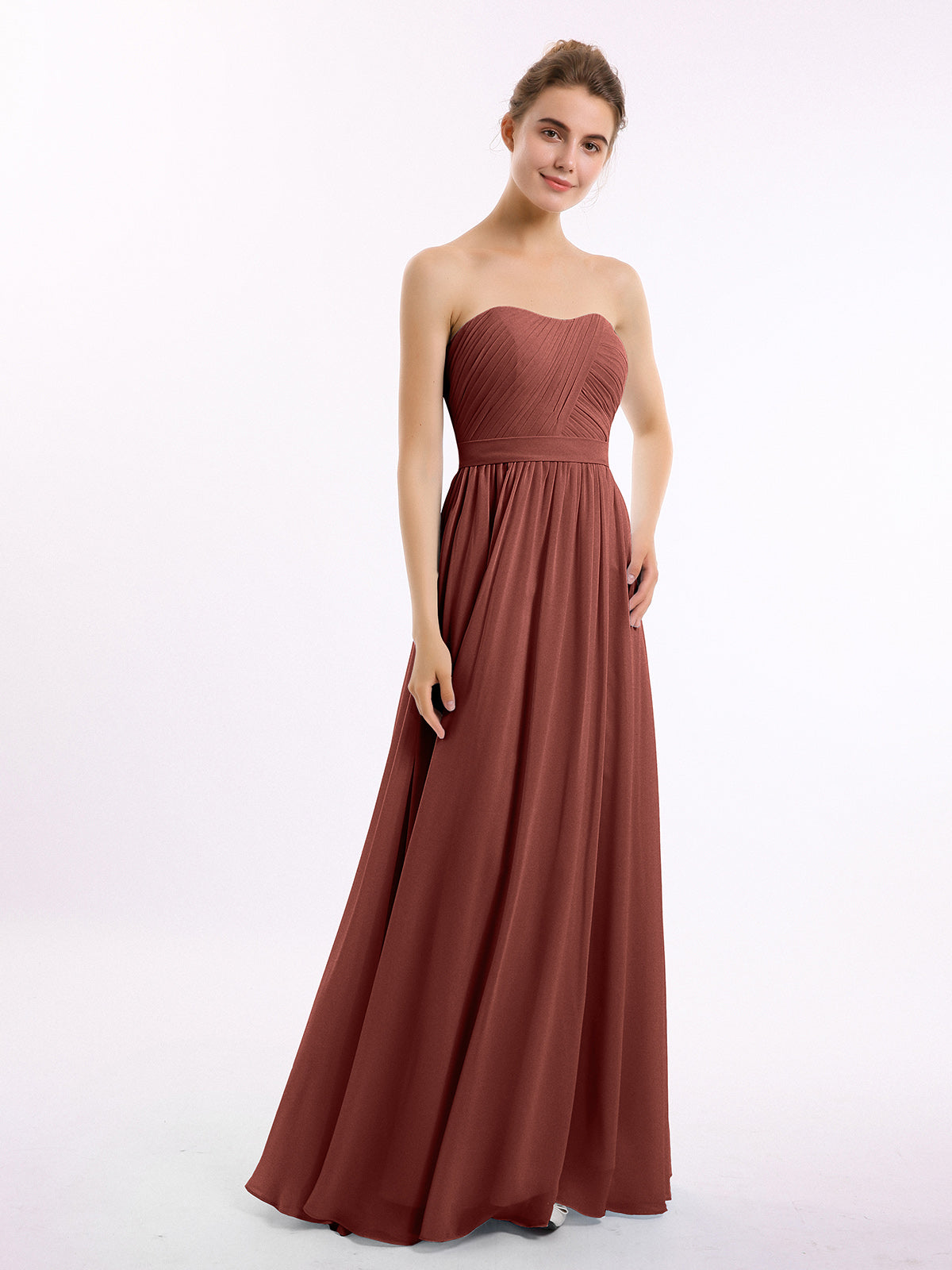 Vestidos largos de dama de honor de chiffon sin tirantes Terracota
