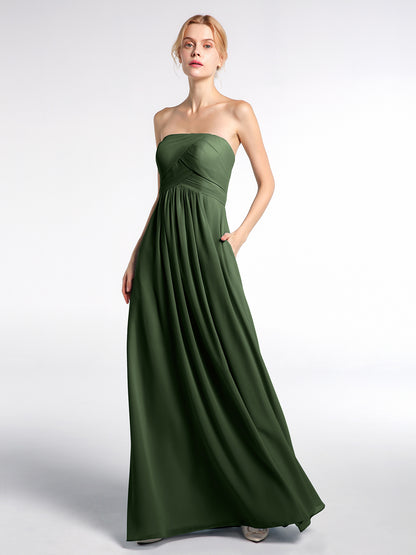 Vestido de chiffon estilo imperio sin tirantes con bolsillos Verde Oliva Tallas Grandes