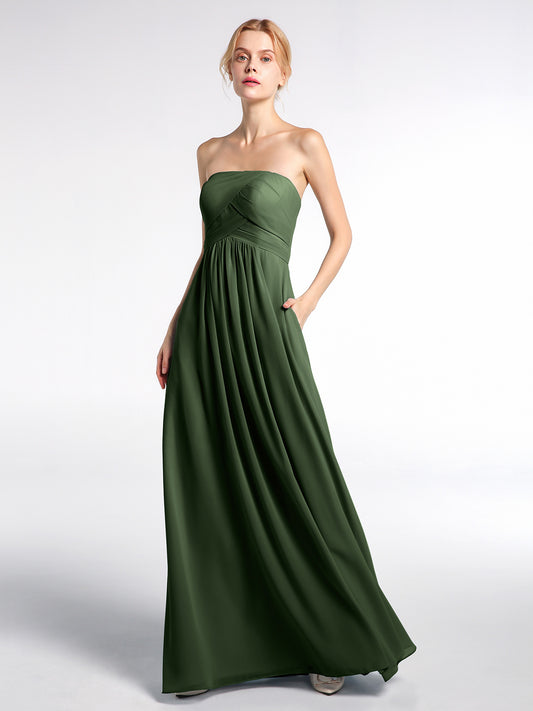 Vestido de chiffon estilo imperio sin tirantes con bolsillos Verde Oliva Tallas Grandes