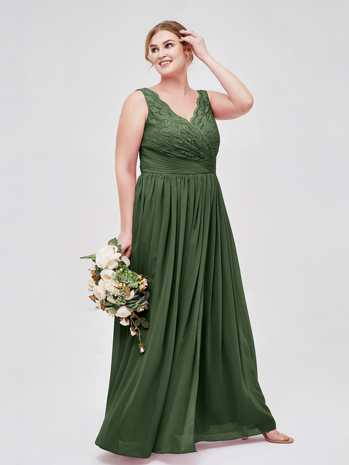 Novia Escote En V Y Encaje Vestido Con Apertura Verde Oliva Tallas Grandes