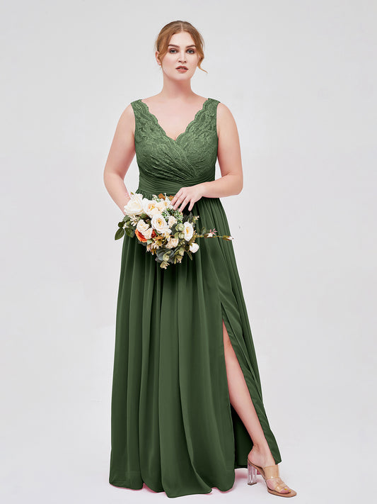 Novia Escote En V Y Encaje Vestido Con Apertura Verde Oliva Tallas Grandes