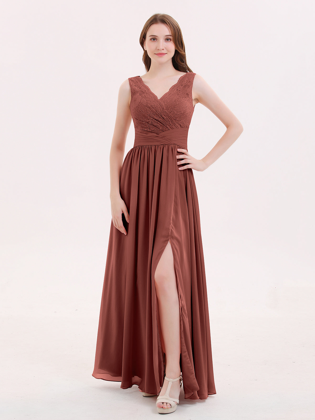 Novia Escote En V Y Encaje Vestido Con Apertura Terracota