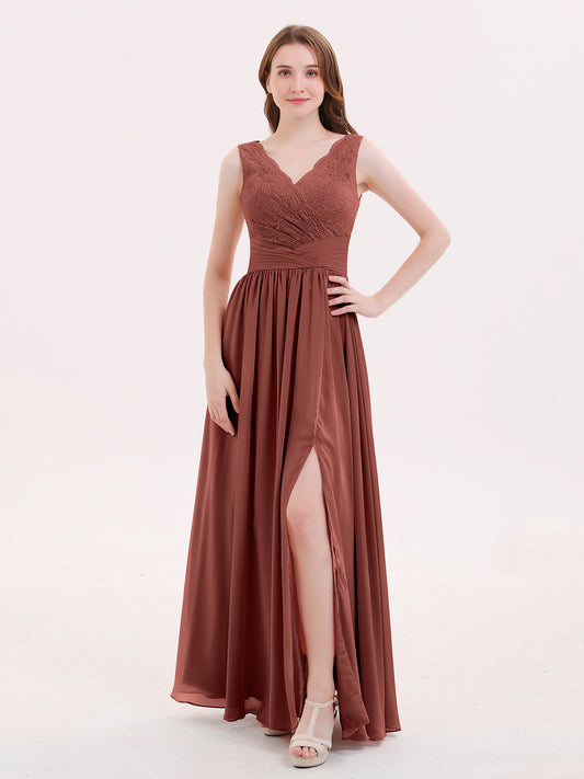 Novia Escote En V Y Encaje Vestido Con Apertura Terracota
