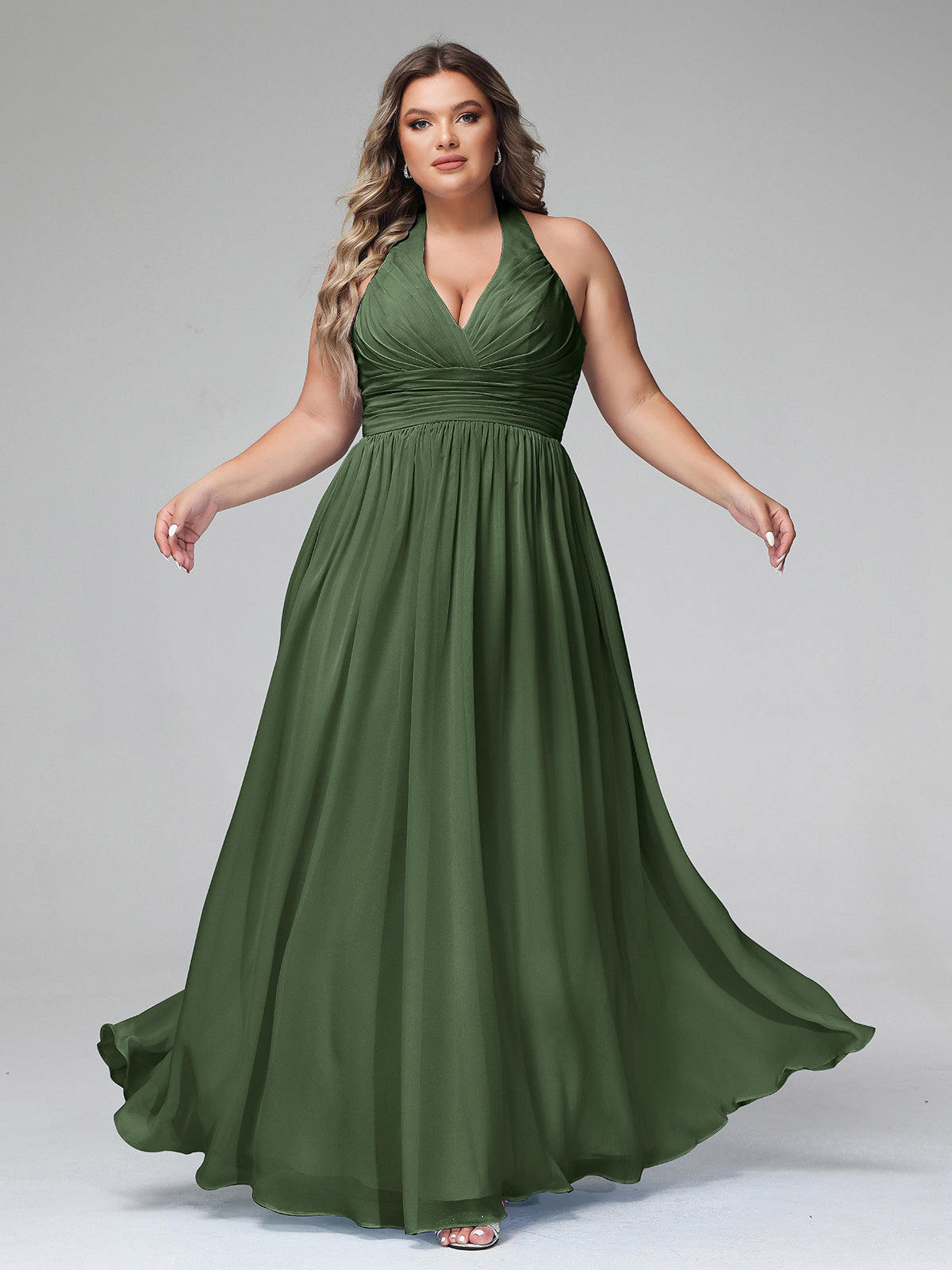 Nydia Cabestro Escote En V Corte De Dama De Honor Verde Oliva Tallas Grandes