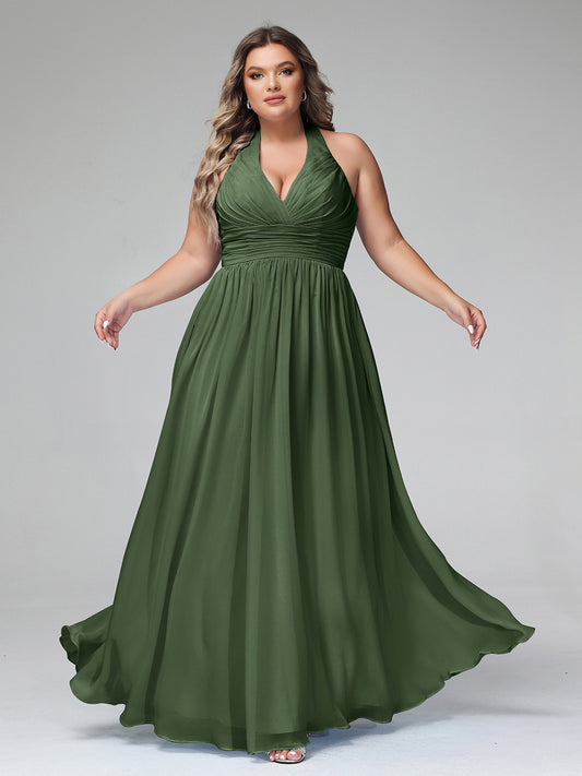 Nydia Cabestro Escote En V Corte De Dama De Honor Verde Oliva Tallas Grandes