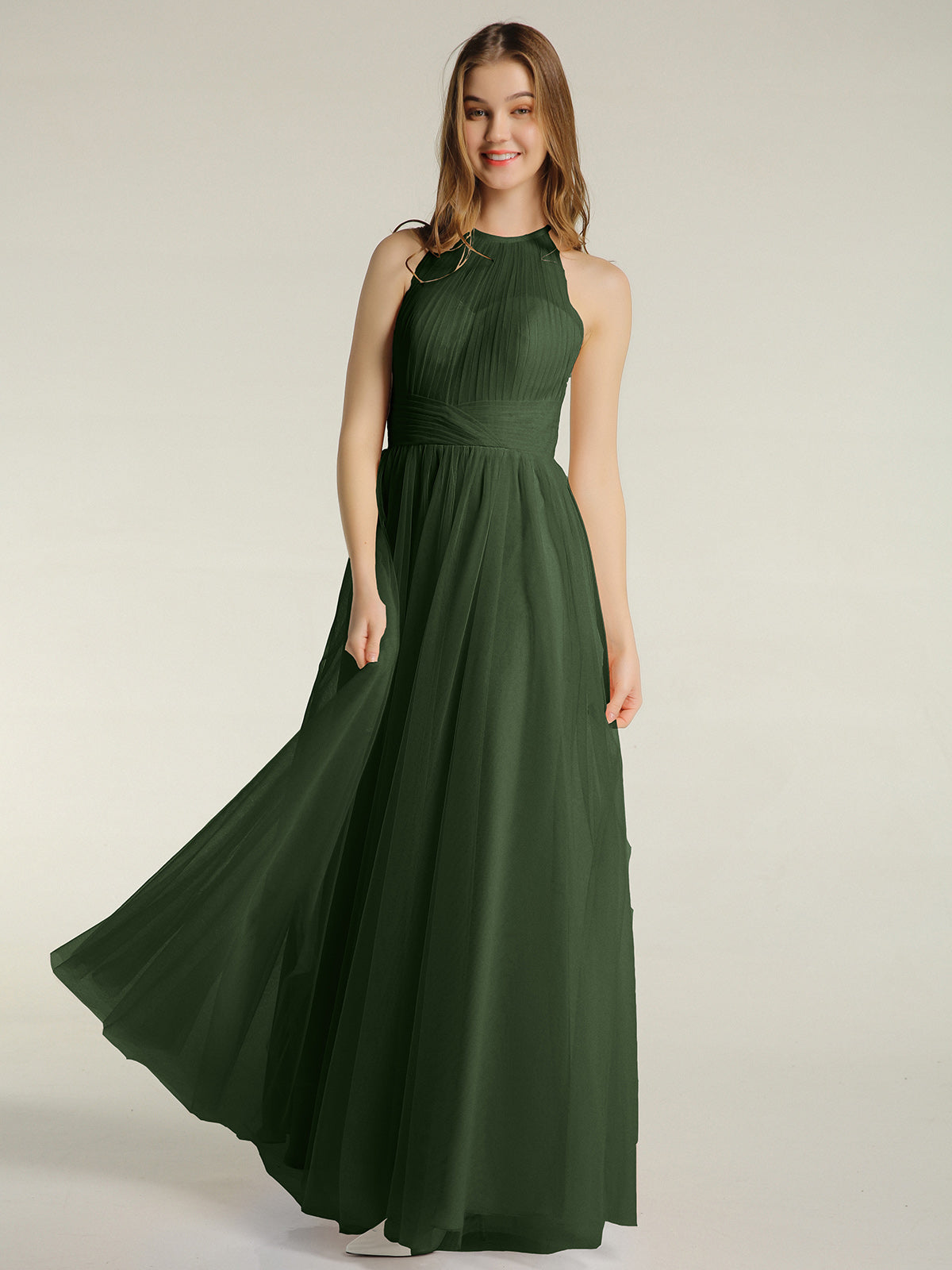 Vestidos de tul con escote ilusión y cintura cruzada Verde Oliva