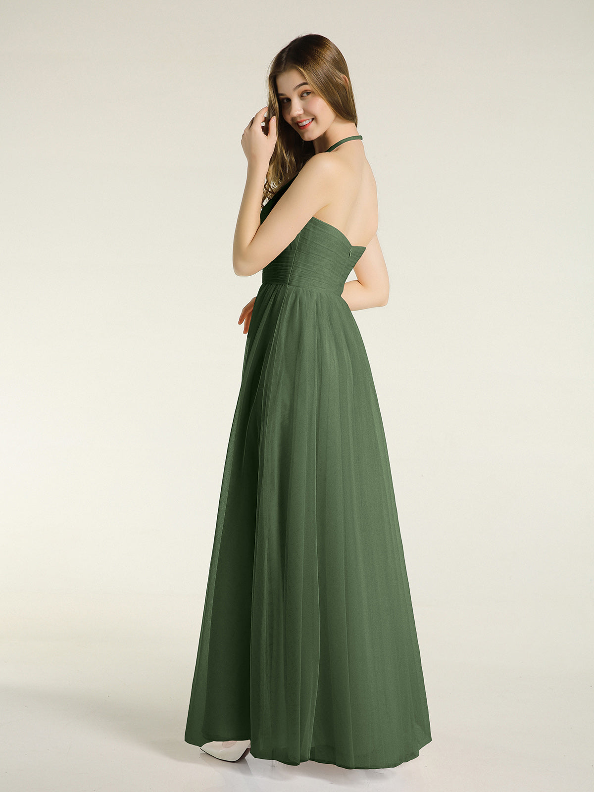 Vestidos de tul con escote ilusión y cintura cruzada Verde Oliva Tallas Grandes