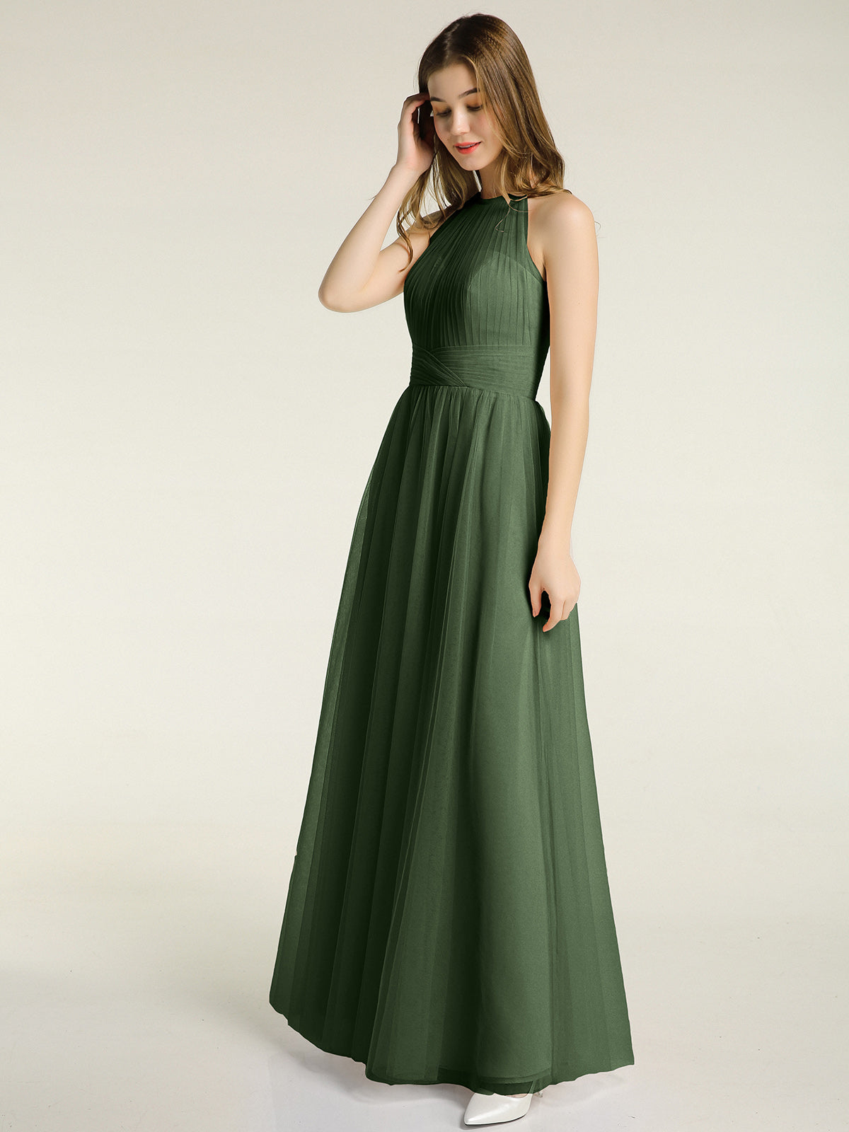 Vestidos de tul con escote ilusión y cintura cruzada Verde Oliva Tallas Grandes