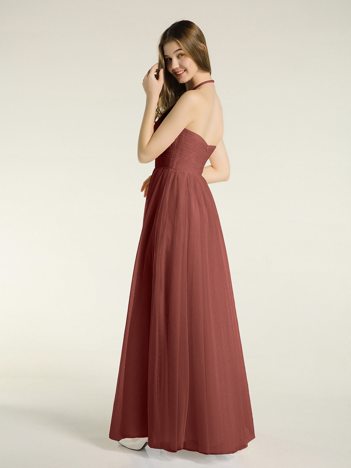 Vestidos de tul con escote ilusión y cintura cruzada Terracota Tallas Grandes