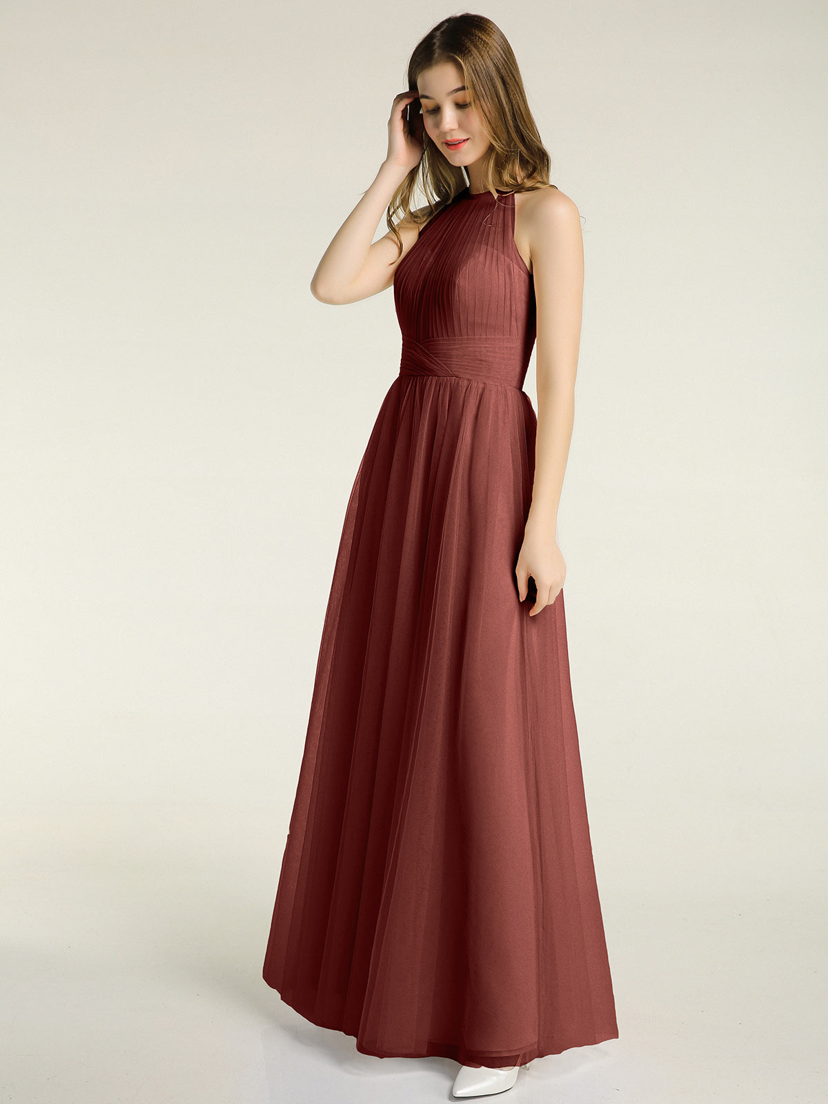 Vestidos de tul con escote ilusión y cintura cruzada Terracota