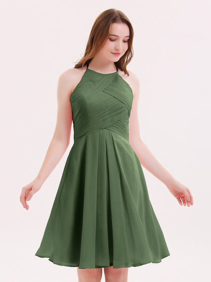 Olga Corto Gasa Vestido De Dama De Honor Con Bolsillo Verde Oliva Tallas Grandes