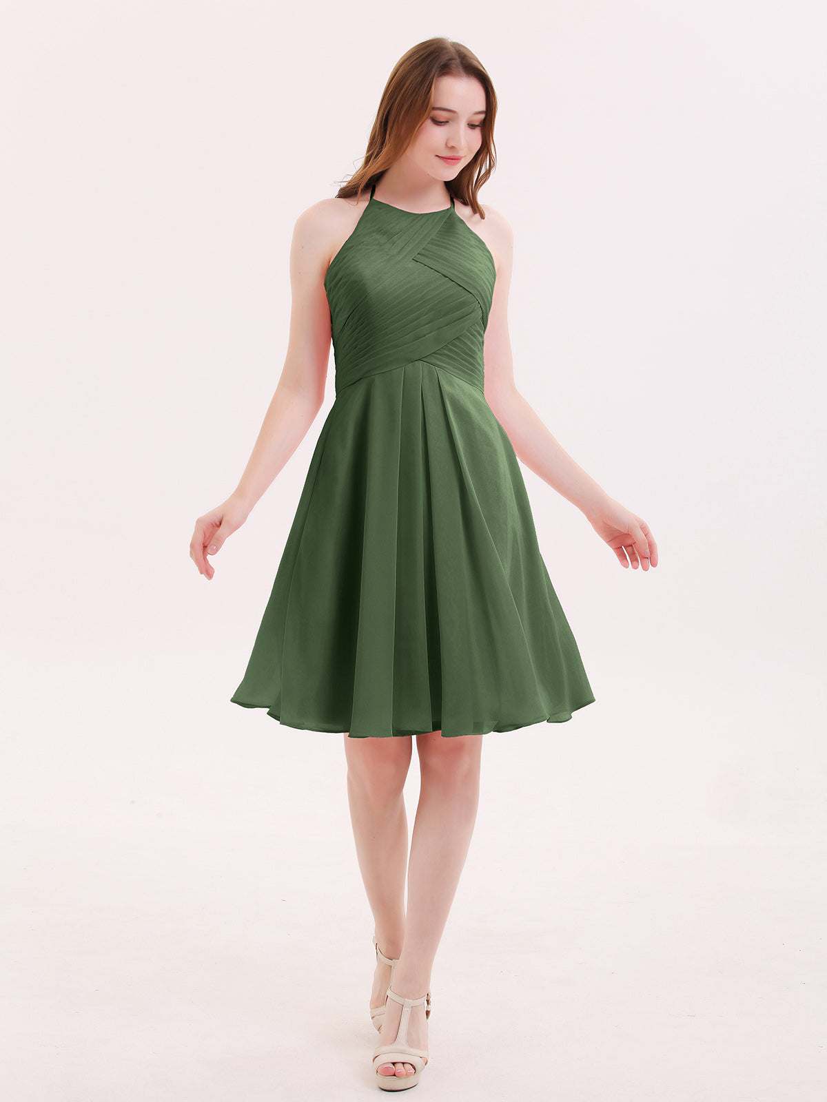 Olga Corto Gasa Vestido De Dama De Honor Con Bolsillo Verde Oliva Tallas Grandes