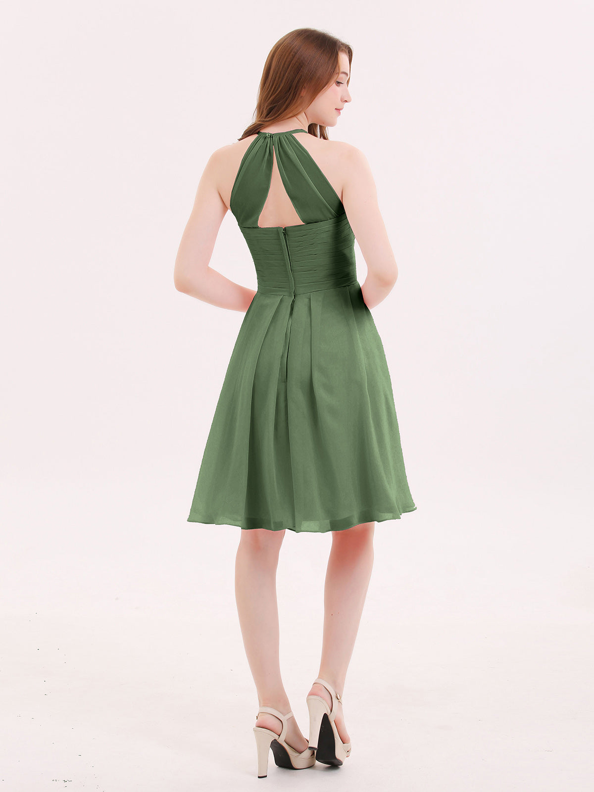 Olga Corto Gasa Vestido De Dama De Honor Con Bolsillo Verde Oliva Tallas Grandes