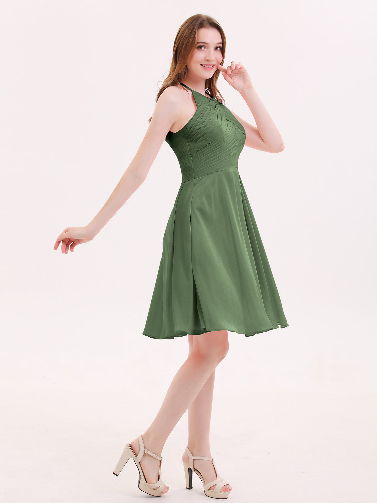 Olga Corto Gasa Vestido De Dama De Honor Con Bolsillo Verde Oliva Tallas Grandes