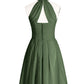 Olga Corto Gasa Vestido De Dama De Honor Con Bolsillo Verde Oliva Tallas Grandes
