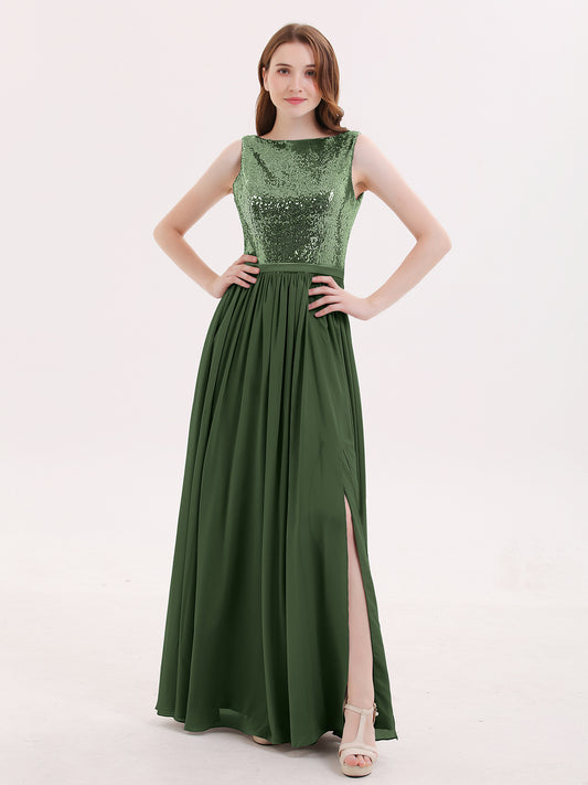Ophelia Lentejuelas Y Gasa Vestido Con Apertura Verde Oliva Tallas Grandes