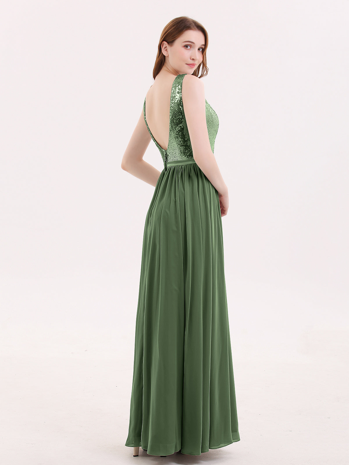 Ophelia Lentejuelas Y Gasa Vestido Con Apertura Verde Oliva Tallas Grandes