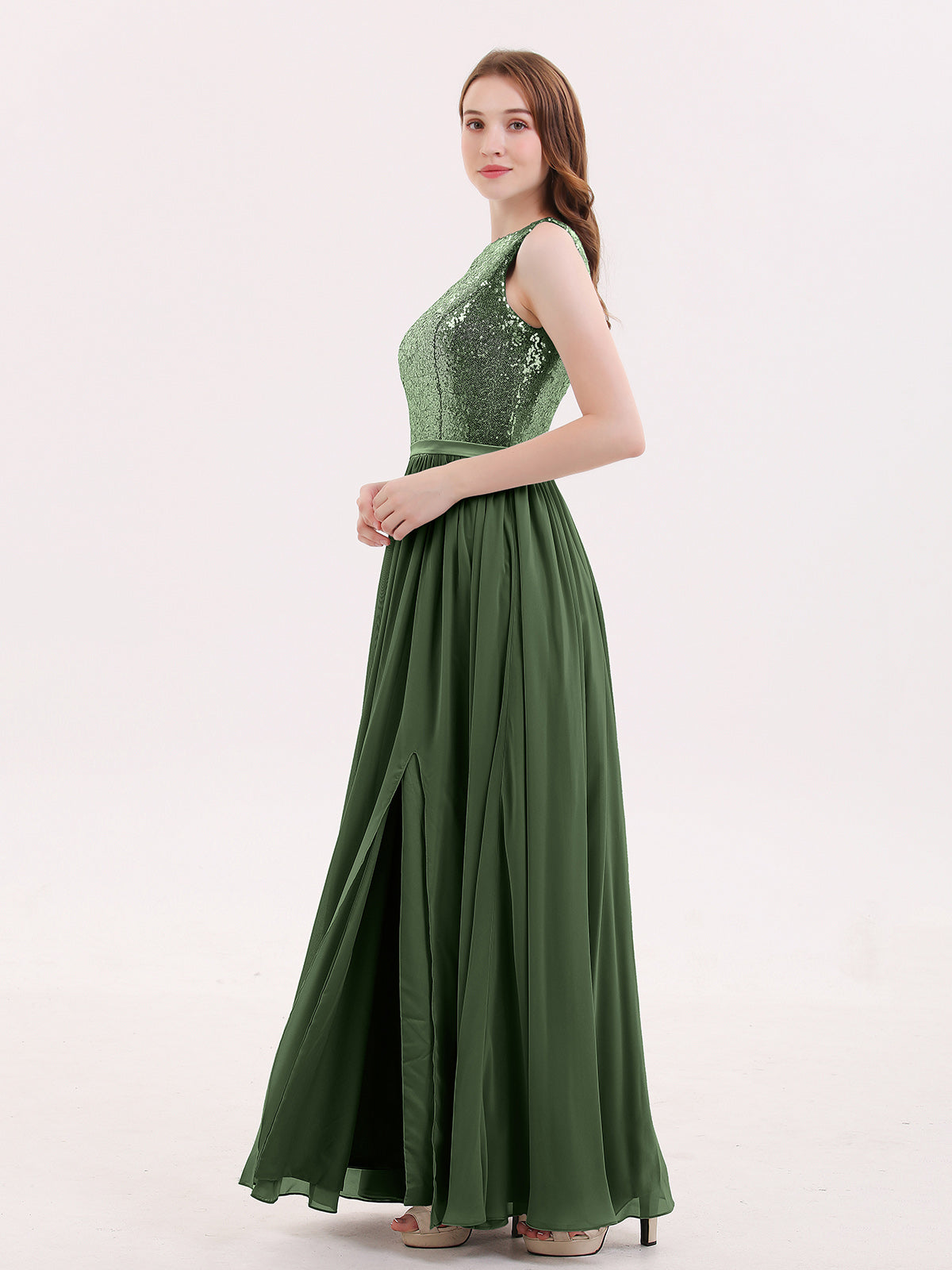 Ophelia Lentejuelas Y Gasa Vestido Con Apertura Verde Oliva Tallas Grandes