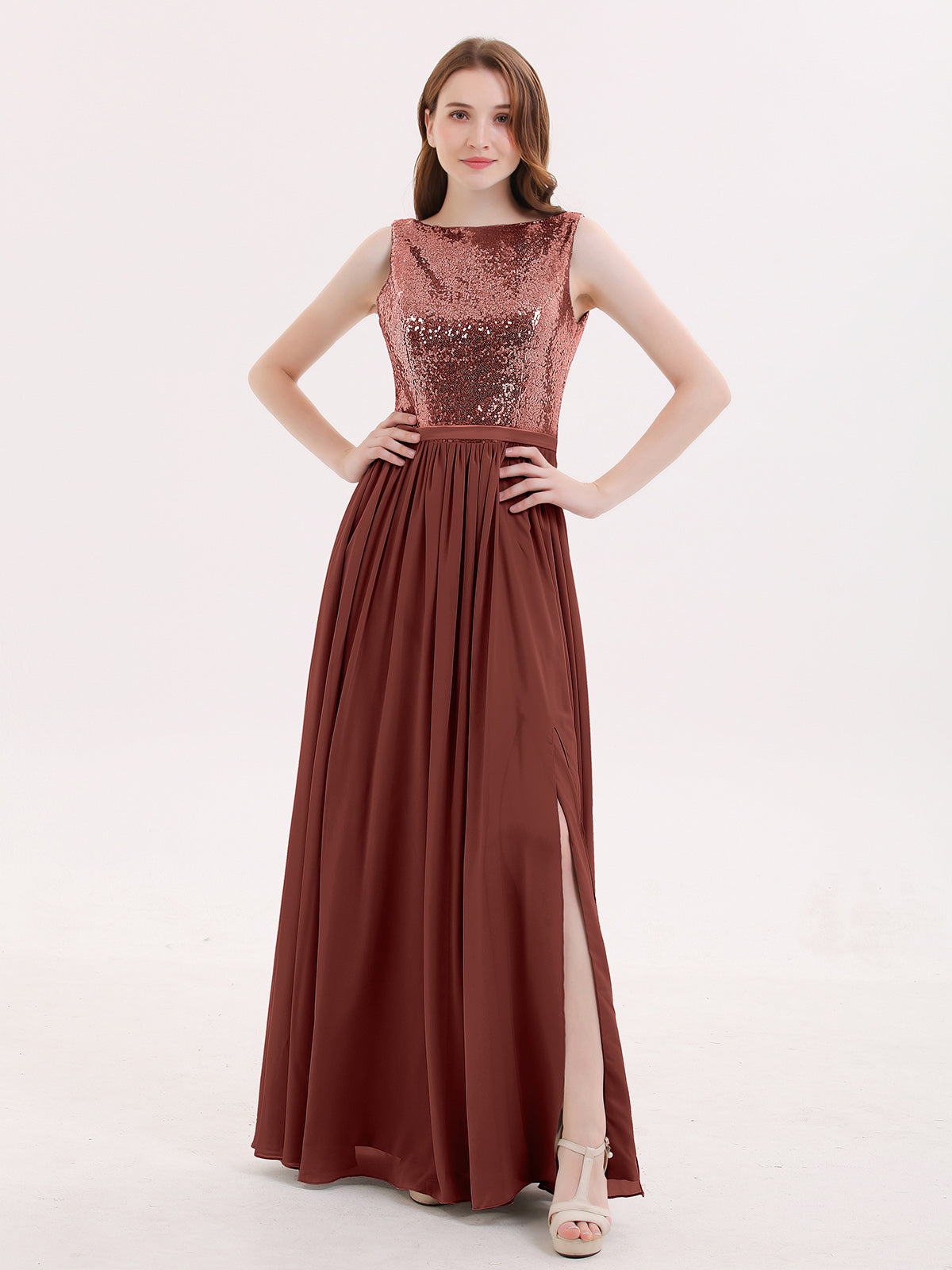 Ophelia Lentejuelas Y Gasa Vestido Con Apertura Terracota
