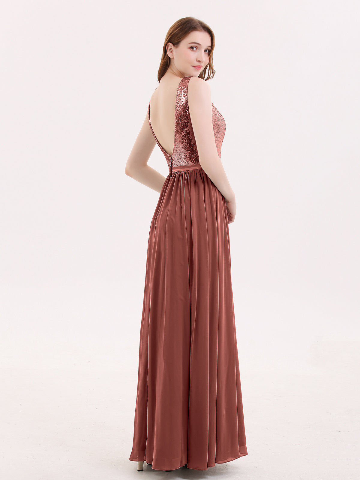 Ophelia Lentejuelas Y Gasa Vestido Con Apertura Terracota Tallas Grandes