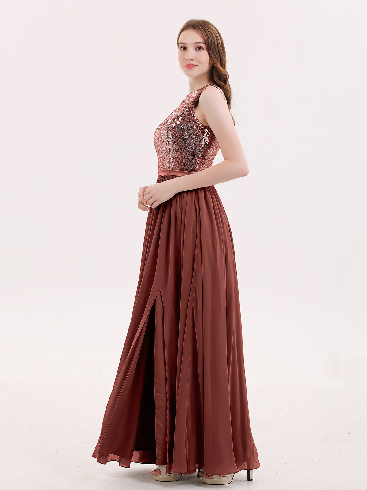Ophelia Lentejuelas Y Gasa Vestido Con Apertura Terracota Tallas Grandes